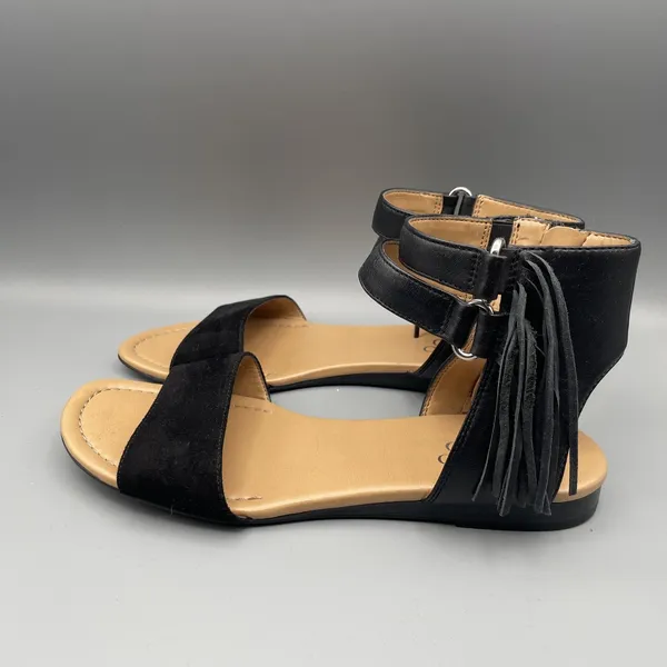 Franco Sarto Sandals Size 8 Black Leather Gladiator Fringed Ankle Strap Open Toe - Image 5
