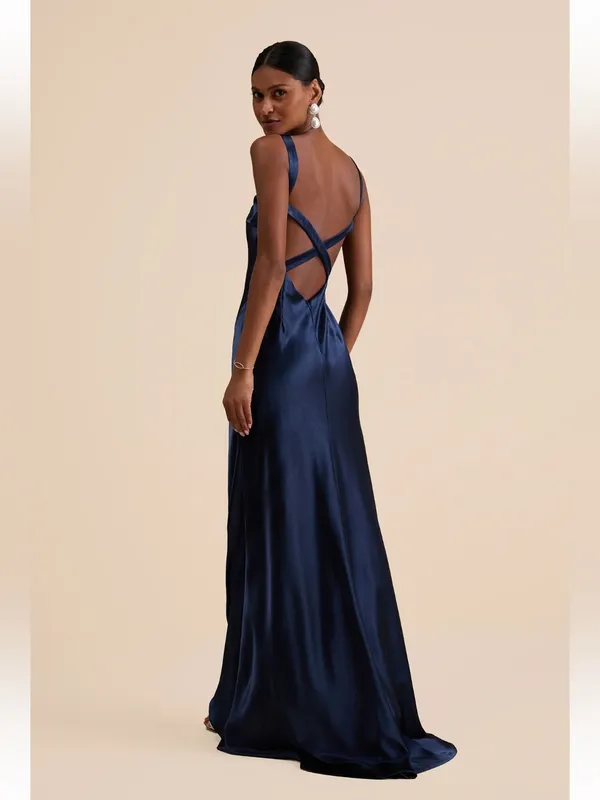Lulus Perfectly Classy Navy Satin Strappy Maxi Dress - Image 2