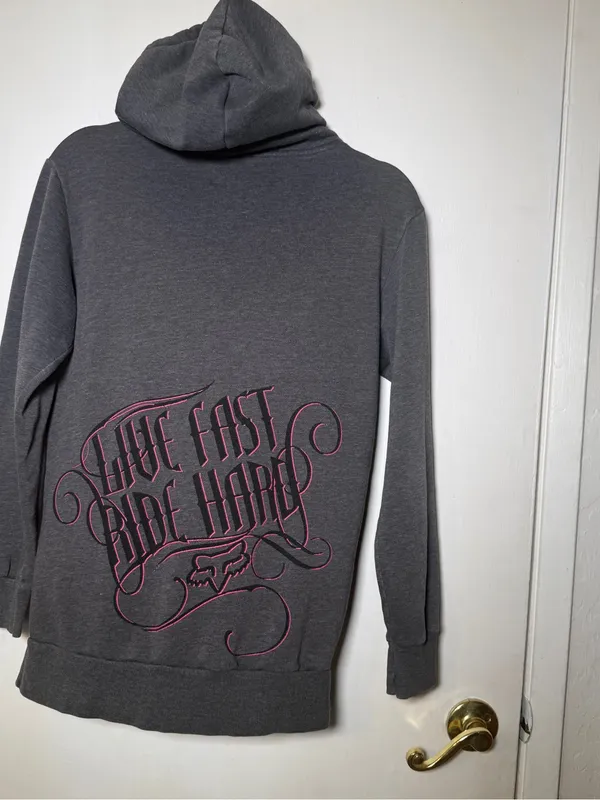 Fox Gray Hoodie with Pink & Black Graphic Womens Small Vintage Dirtbike Riding - Image 6