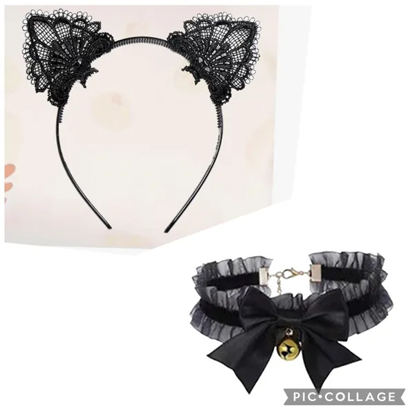 New! Black Kitty Cat Ears with Black Bow Choker Set - Image 2