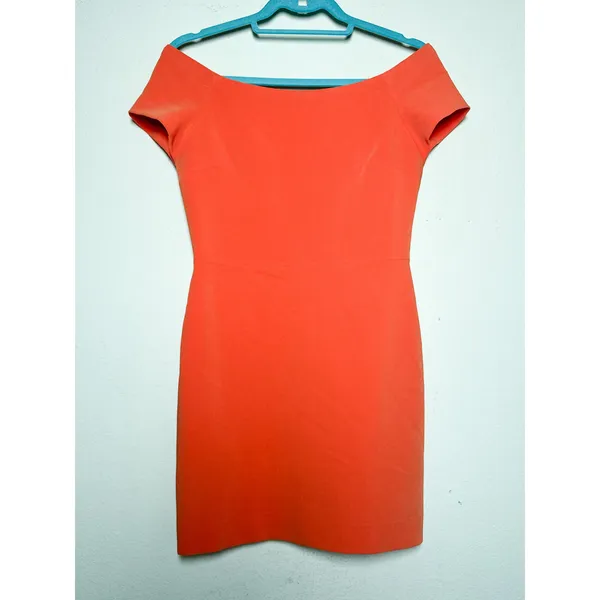 Alice + Olivia Aleah Off Shoulder Dress 6 Tangerine Orange Fitted Sheath - Image 2