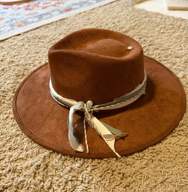 The modern Cactus suede hat with ribbon and twine tied on and pins/ ring details - Image 4