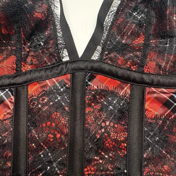 Victorias Secret Med Red Black Plaid Lace Satin Bustier‎ Longline Bra Very Sexy - Image 9