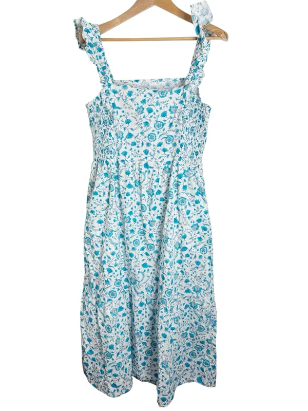 Draper James Ruffled Smocked Sun Dress Blue Floral Print Midi Preppy Summer XL - Image 4