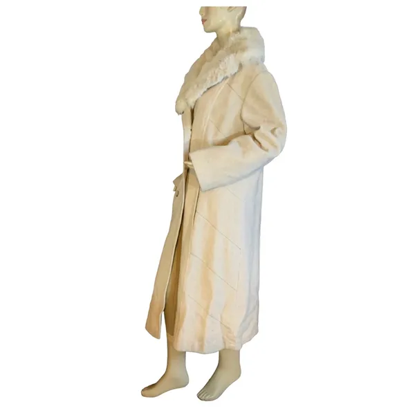 Vintage 1980'S Prime Source Ny Beige & Cream Wool & Rabbit Fur Collar Coat (L) - Image 5