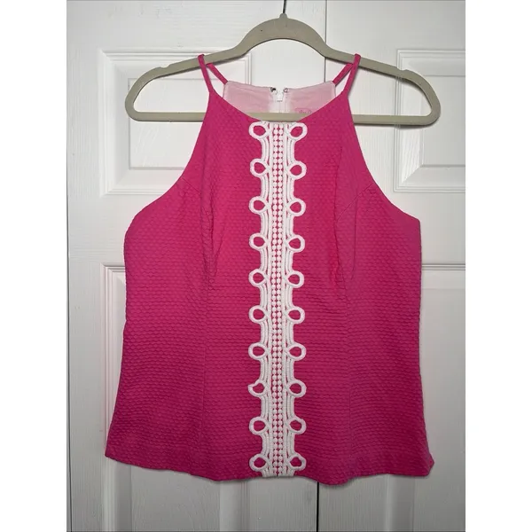 Lilly Pulitzer Top Halter Pink Seersucker Womens Size 12 Lace Annabelle Halter - Image 2