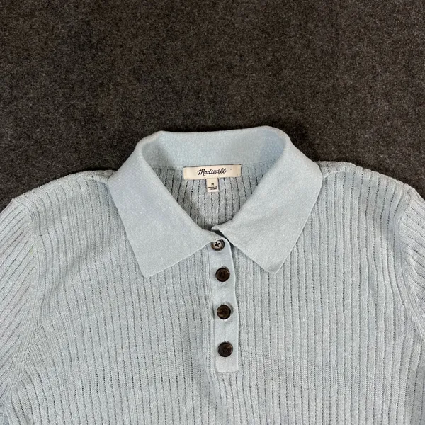 Madewell Womens Light Blue Linen Blend Ribbed Short Sleeve Polo Sweater Size M - Image 9