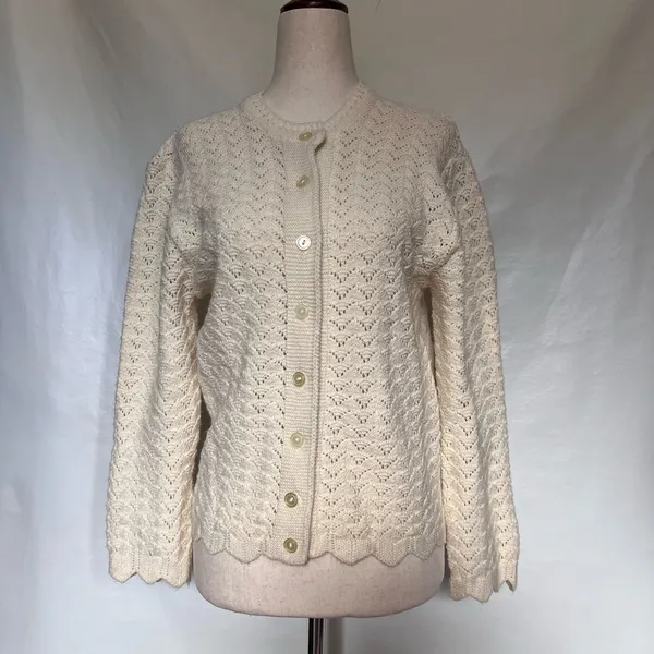 Vtg 60s Pointelle Knit Cardigan Women Sz S Cottagecore Coquette Wintuk Scallop - Image 11