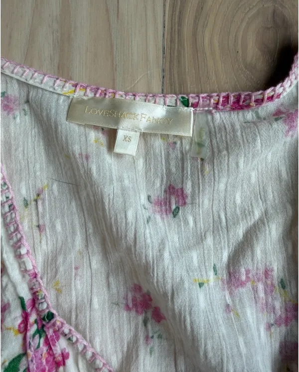 LoveShackFancy Cream Mini Dress with Pink Floral Print - Image 4