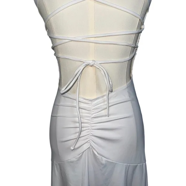 NWOT Halara White Ruched Lace Up Open Back Bodycon Pencil Maxi Dress Size M - Image 7