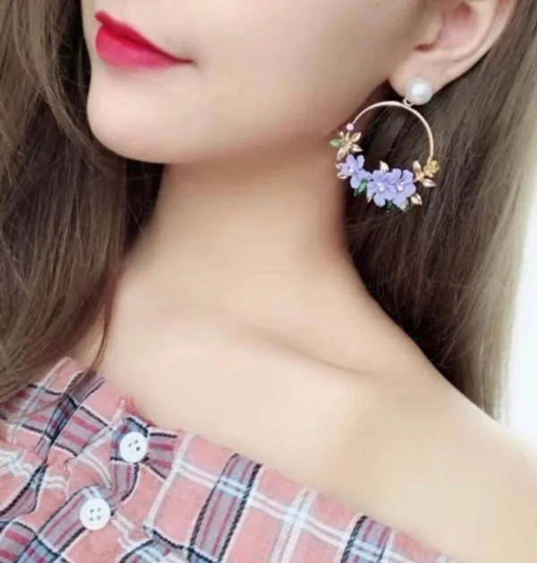 Women's Purple Crystal Flower Drop Dangle Hoop Earrings - Image 4