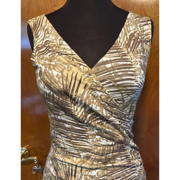 Cache Faux Wrap Textured Gold Metallic Bamboo Print Stretch Ruched Side Top Sz S - Image 2