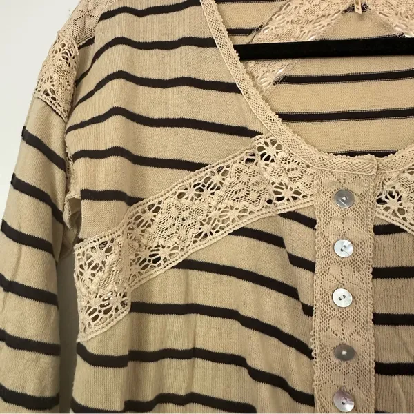 Free People Striped Cotton Crochet Lace Trim Long Sleeve Top Womens Small Boho - Image 2