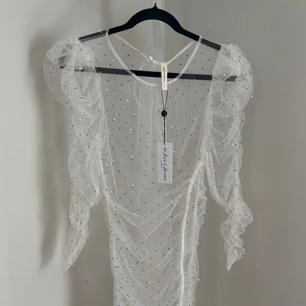 FOR LOVE & LEMONS White Puff Sleeve Sheer Tulle Dress Rhinestone Pearls Sz Med - Image 6