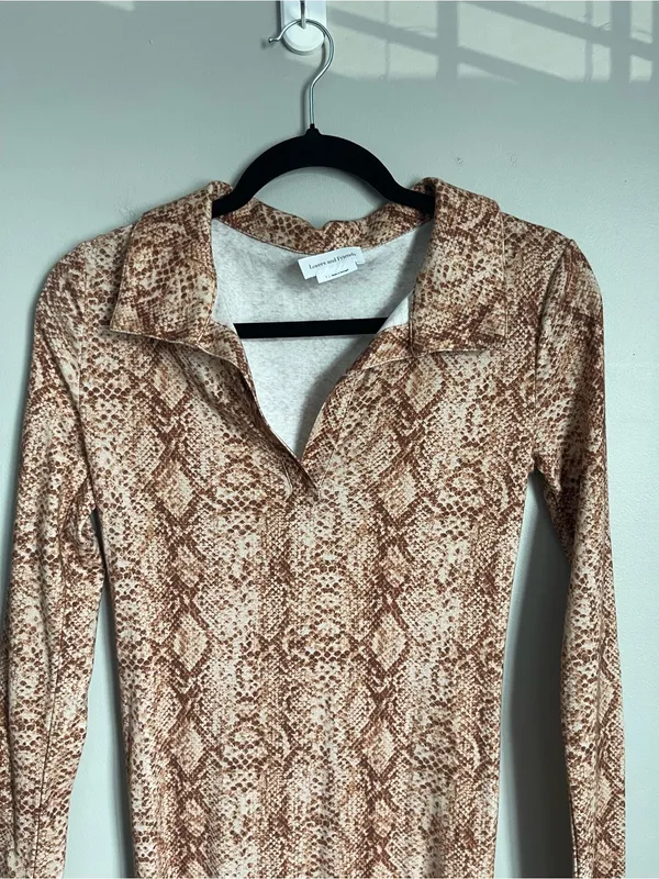 LOVERS + FRIENDS Brown Snake Print Long Sleeve Collared Midi Dress Sz S - Image 3