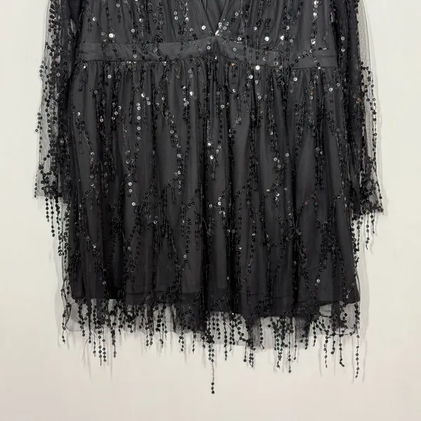 Double Crazy Sequin Mini Dress Plus Size 4XL Black Deep V-Neck Party Club Fringe - Image 4