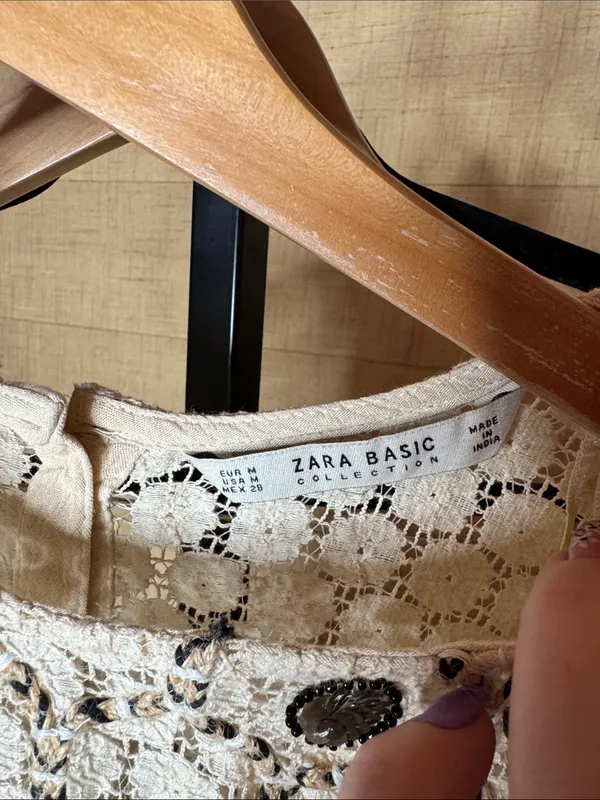 Zara Basic Cream Crochet Sequin Boho Tunic Top Size Medium - Image 4