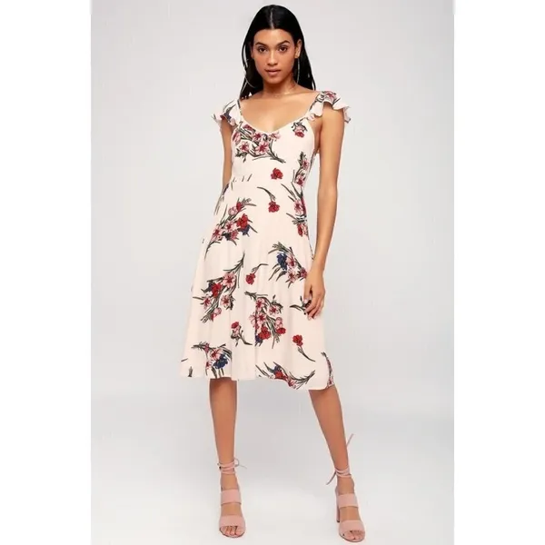 Lulus Floral Flutter Sleeve‎ Midi Dress Women XL Pink Flowy Romantic Boho - Image 4