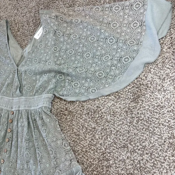Mable Lace Romper Womens SM Sage Green Boho Bell Sleeve Vacation Cottagecore‎ - Image 14