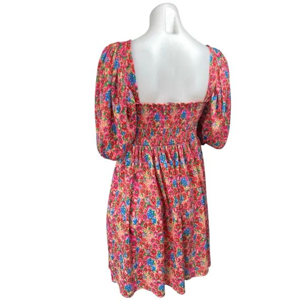 Zara Multicolor Floral Puff Sleeve Smocked Square Neck Mini Fit & Flare Dress L - Image 2