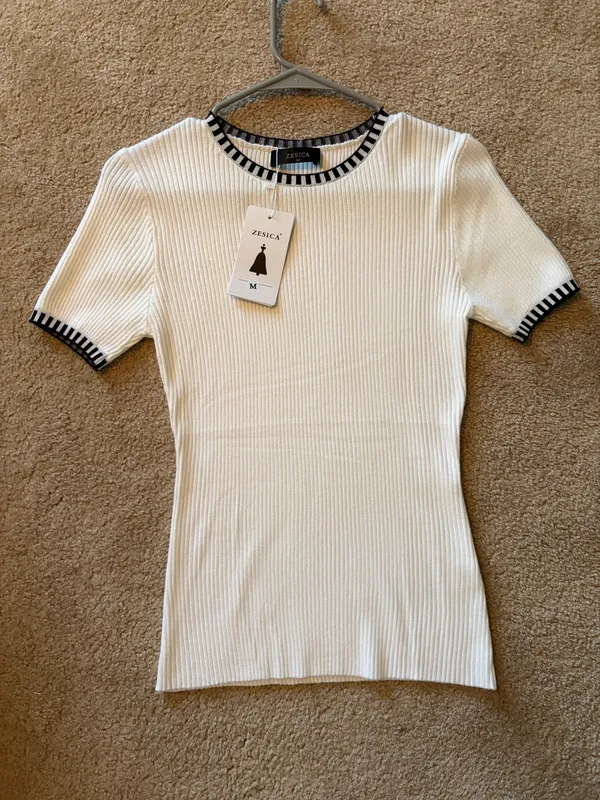 Ribbed, Slim Fit Business Casual Top White Size M - Image 2