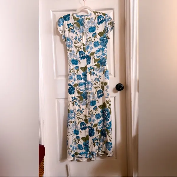 NWT Reformation Blue Floral Midi Dress Slit Ruched Cottagecore Wedding Guest - Image 7