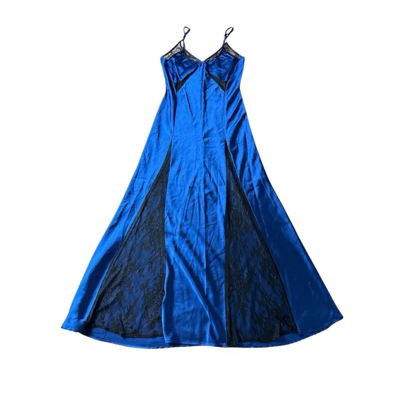 Delfi Collective Alexis Dress Size Small‎ Blue Satin Black Lace Panels Slip Maxi - Image 3