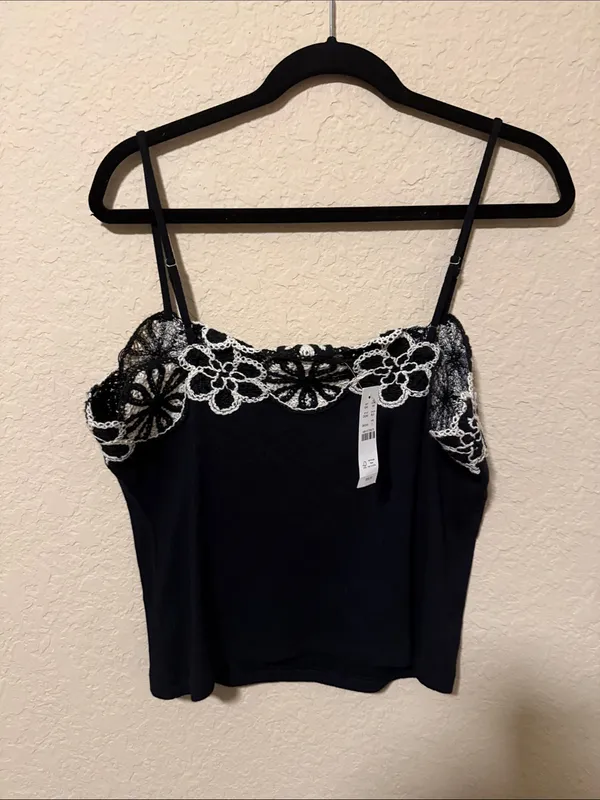 J. Crew Black Camisole with White Lace Floral Trim nwt large - Image 5