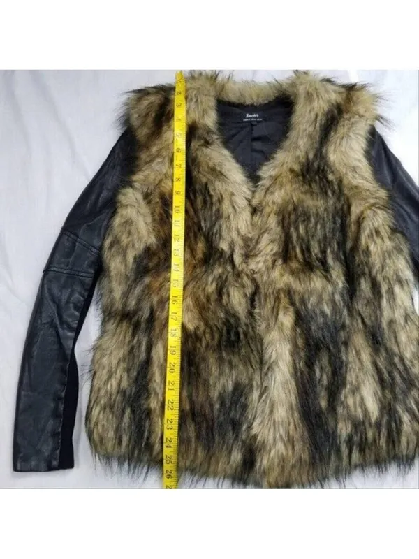 Bardot Womens Faux Fur Leather Long Sleeves Jacket Coat Black Tan Size 6 - Image 5