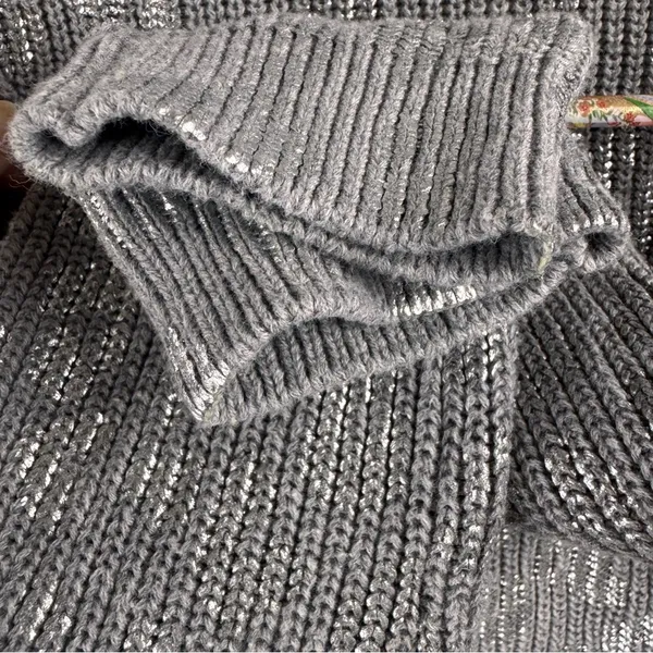 DKNY Jeans 100% Cotton Gray & Metallic Silver‎ Animal Print Size L Crew Sweater - Image 10