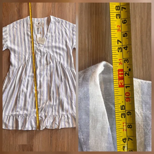 Cupio Babydoll Dress Linen Blend Blue White Stripe Medium Coastal Cottagecore - Image 10