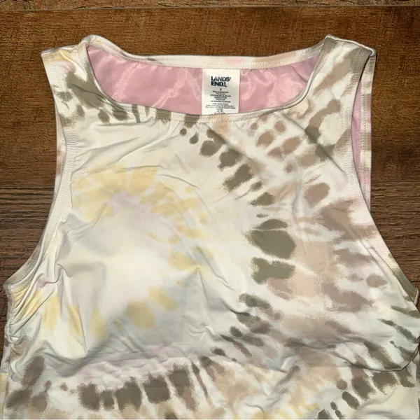 Lands' End Womens Chlorine Resistant High Neck Tankini Swim Top White Tie Dye - Image 4