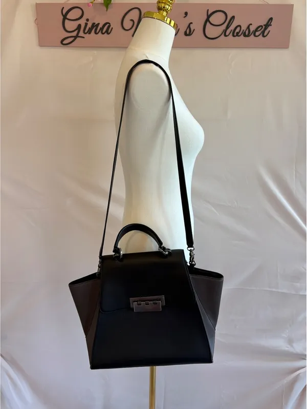 ZAC Zac Posen Black and Dark Brown Leather Structured Top Handle Bag with Detach - Image 3