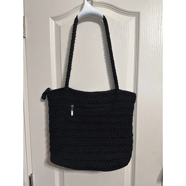 The Sak‎ Black Crochet Shoulder Bag Vintage Woven Boho Tote Braided Strap Granny - Image 2