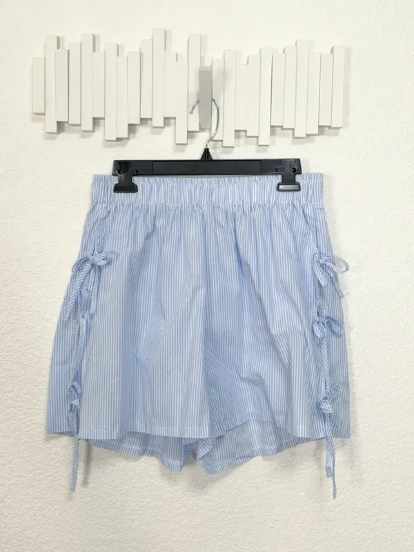 Miss Sparkling Blue Stripe High Waist Shorts Side Tie Pocket Casual Summer Short - Image 2