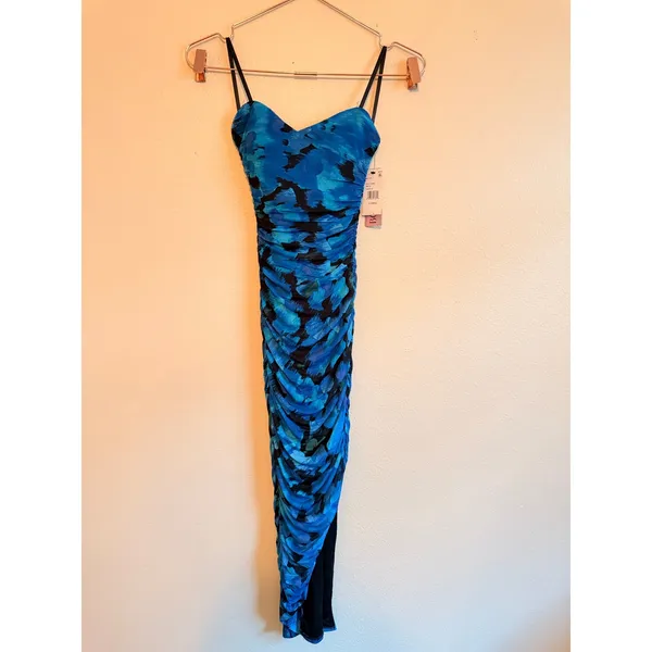 BCX Macys Dress Womens XS Blue Abstract Floral Ruched Mesh Midi Bodycon Slit - Image 6