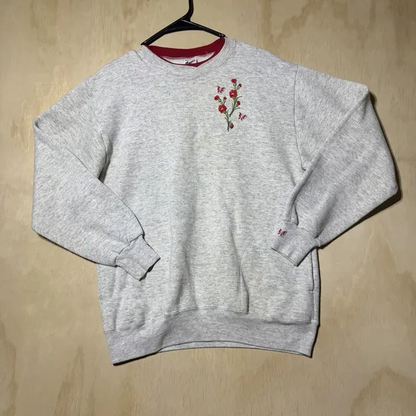 Vintage Jerzees Women Large 42-44 Gray Floral Embroidered Crewneck Sweatshirt - Image 10