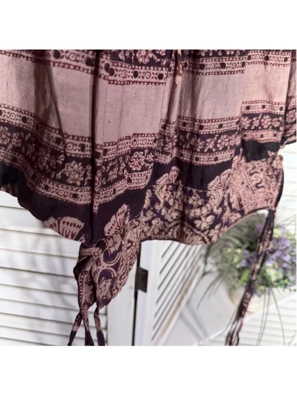 Vintage 70s hippie boho top paisley floral oversized cotton brown whimsigoth M - Image 7
