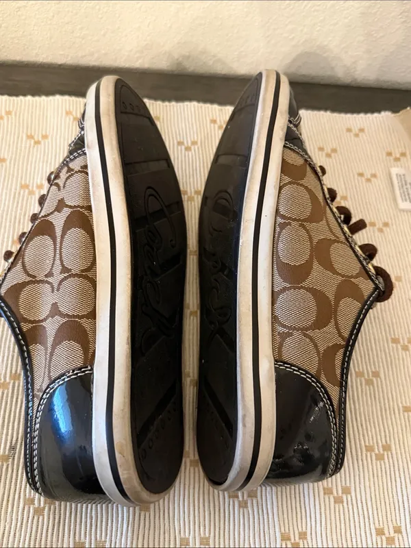 Coach Signature C Jacquard Patent Leather Low Top Sneakers Brown Khaki Size 7 - Image 7