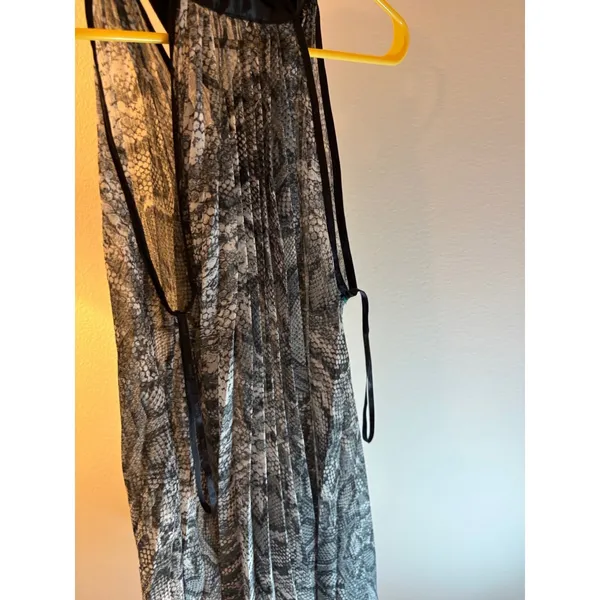 Snake Print Pleated Halter Mini Dress Black Satin Bow Trim‎ Grey White Large - Image 8