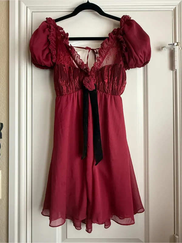 For Love & Lemons Claudine Babydoll Mini Dress Large Burgundy Romantic Flower S - Image 5