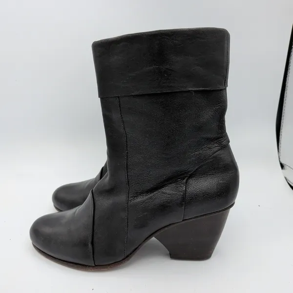 Coclico Black Leather‎ Mid-Calf Boots Block Heel Fold-Over Cuff Spain 37.5 7-7.5 - Image 2