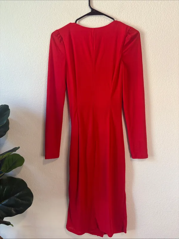 Laundry By Shelli Segal Red Long Sleeve Draped Midi Dress 4 - Image 6