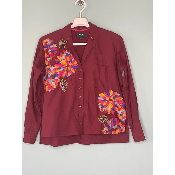 Maeve Anthropologie Burgundy Embroidered Button Down Shirt Size 2 - Image 3