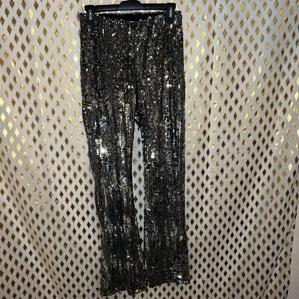 Disco pants full sequin pants silver mirror sequined bootcut flared dress pants - Image 2