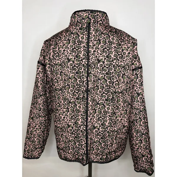 Floral Quilted Puffer Jacket Pink Green Black Open Front Pockets Large - Image 3