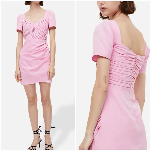 H&M Pink Ruched Puff Sleeve Mini Dress S Cottagecore Coquette Romantic - Image 2