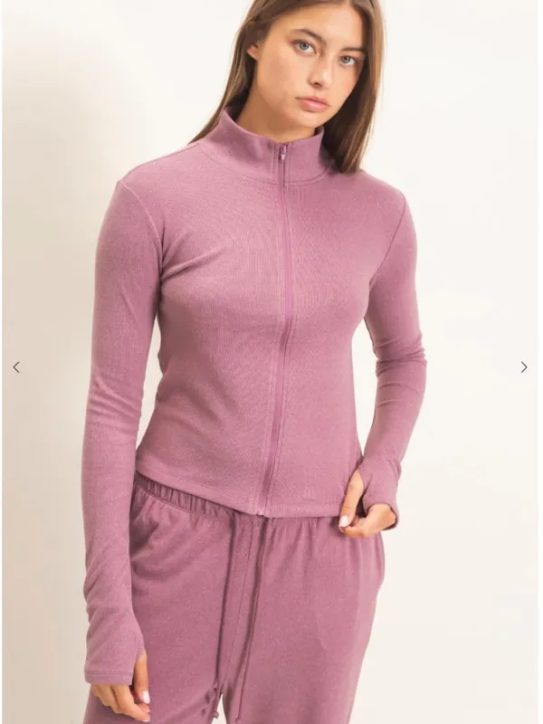Dusty Mauve Plum Zip Up Top Wide Leg Pants Set Medium - Image 9
