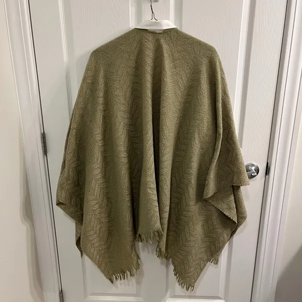 Neutral Knit Shawl/ Cape in Herringbone Pattern with Sage and Tan - Image 4