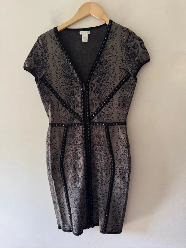 CACHE Black Studded Snake Print Bodycon Sheath Dress - Image 2